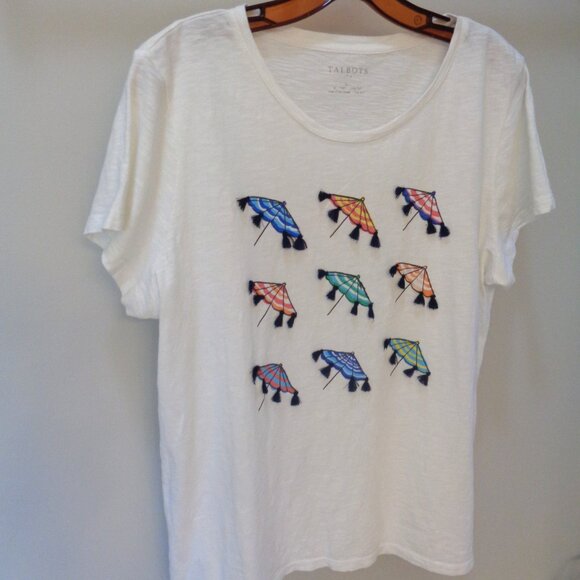 Talbots white t-shirt with tassel umbrellas - Picture 3 of 7